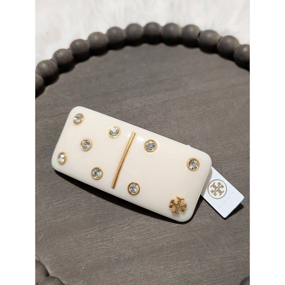 TORY BURCH Kira Domino Studded Logo Cream Barrette Hair Clip - Picture 2 of 3